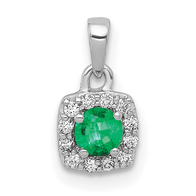 Diamond and .20 Emerald Square Halo Charm Pendant in Real 14k White Gold