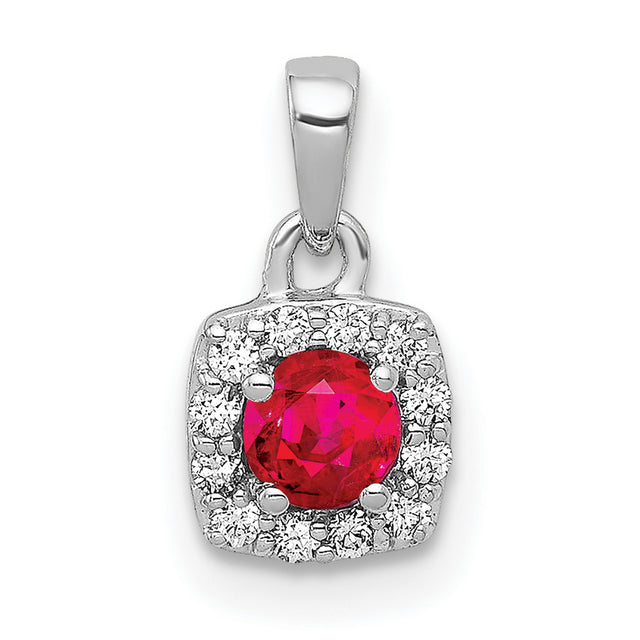 Diamond and .20 Ruby Square Halo Charm Pendant in Real 14k White Gold