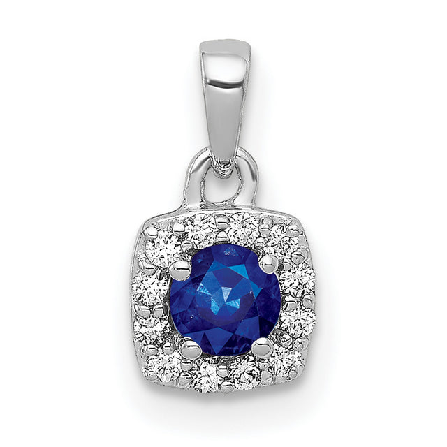 Diamond and .20 Sapphire Square Halo Charm Pendant in Real 14k White Gold