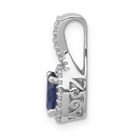 Diamond and Oval Sapphire Halo Charm Pendant in Real 14k White Gold