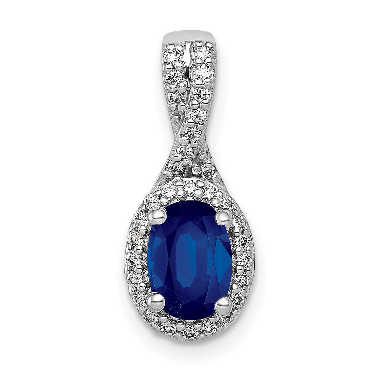 Diamond and Oval Sapphire Halo Charm Pendant in Real 14k White Gold