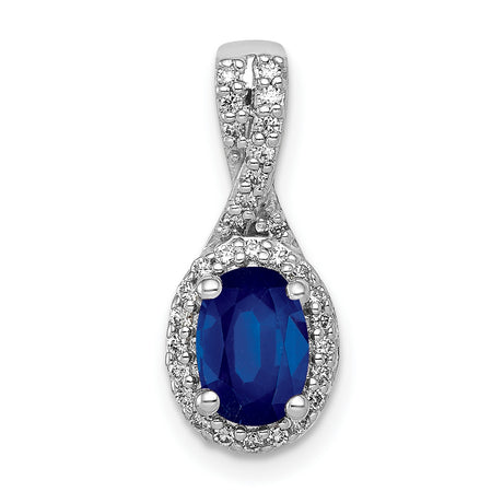 Diamond and Oval Sapphire Halo Charm Pendant in Real 14k White Gold