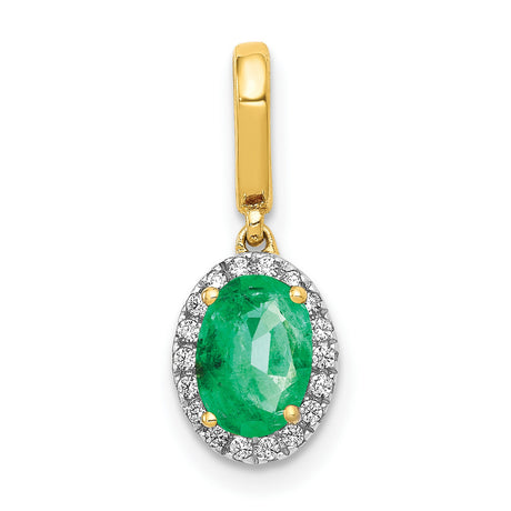 Diamond and Oval Emerald Halo Charm Pendant in Real 14k Yellow Gold