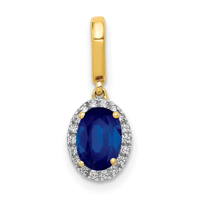 Diamond and Oval 1.05 Sapphire Halo Charm Pendant in Real 14k Yellow Gold