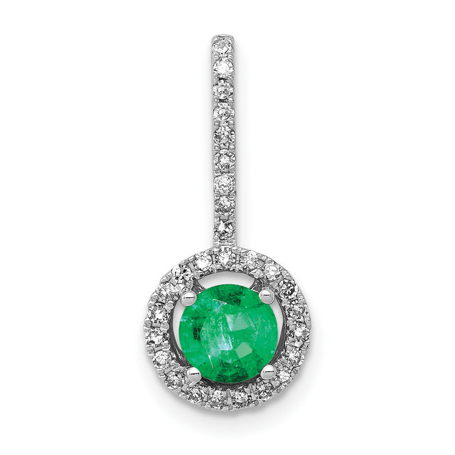 Diamond and Emerald Halo Charm Pendant in Real 14k White Gold