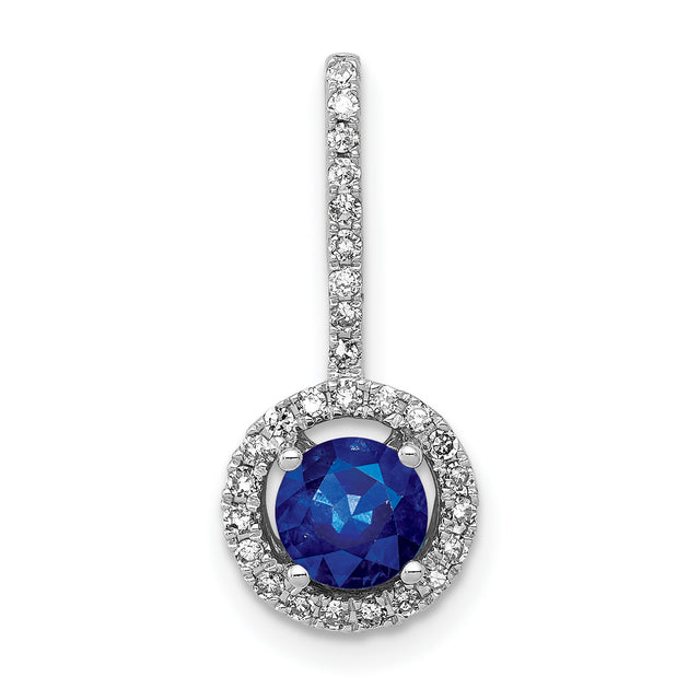 Halo Diamond and .60 Sapphire Charm Pendant in Real 14k White Gold