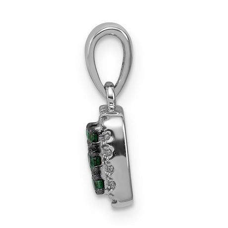 14k White Gold Pendant with Nine Green Emeralds and Diamond Halo Cushion Design