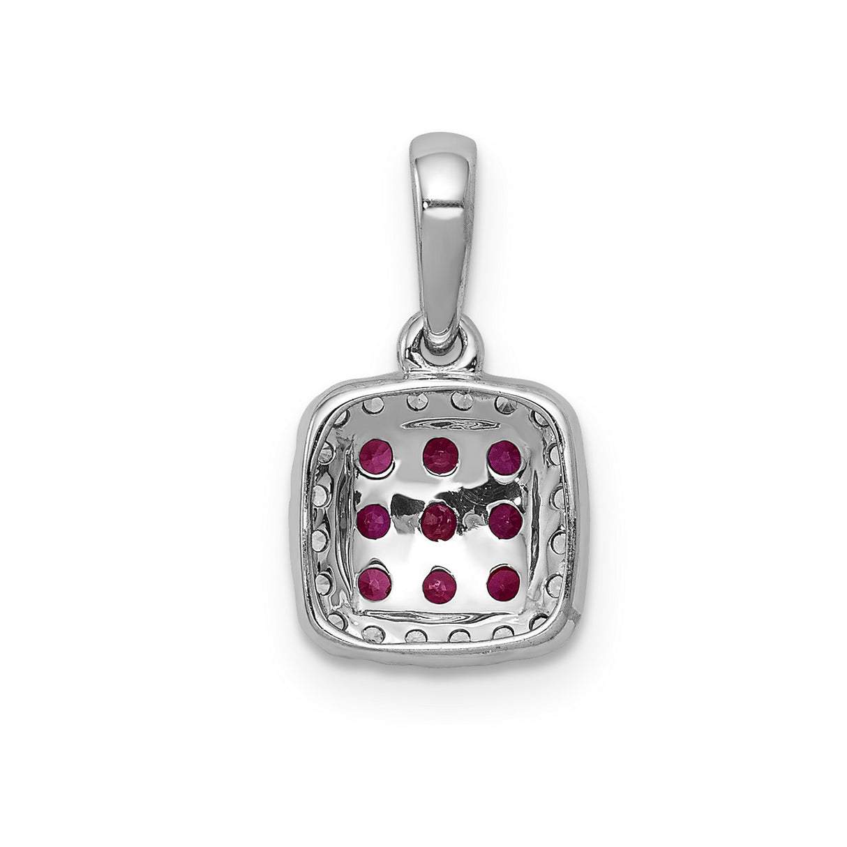 14k White Gold Pendant with Round Ruby Gemstones and Double Diamond Halo