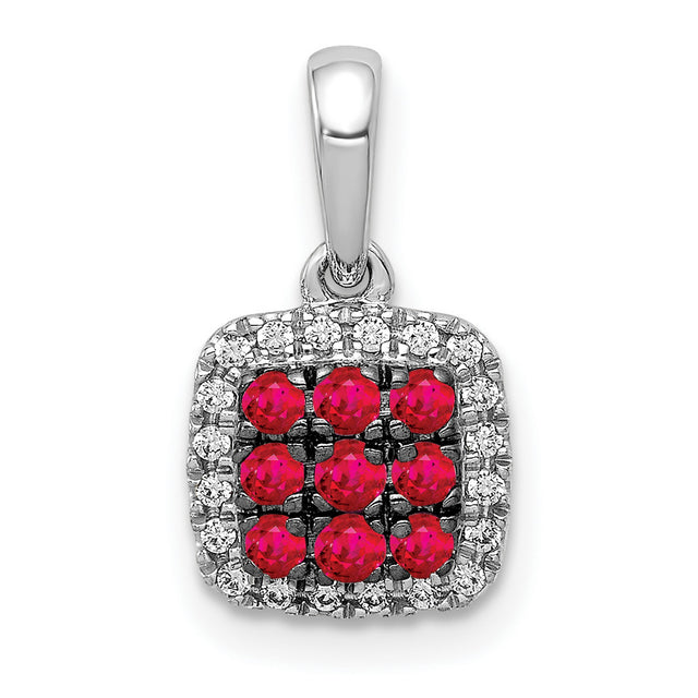 14k White Gold Pendant with Round Ruby Gemstones and Double Diamond Halo