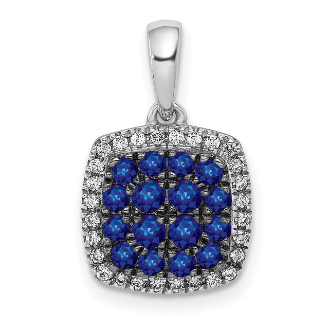 14k White Gold Pendant with Sapphire, Cushion Cut Blue Gemstone and Diamond Halo