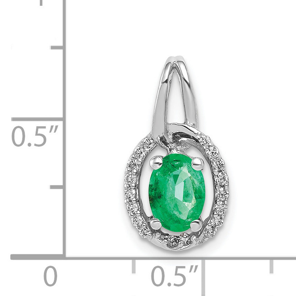Diamond and Oval Emerald Charm Pendant in Real 14k White Gold