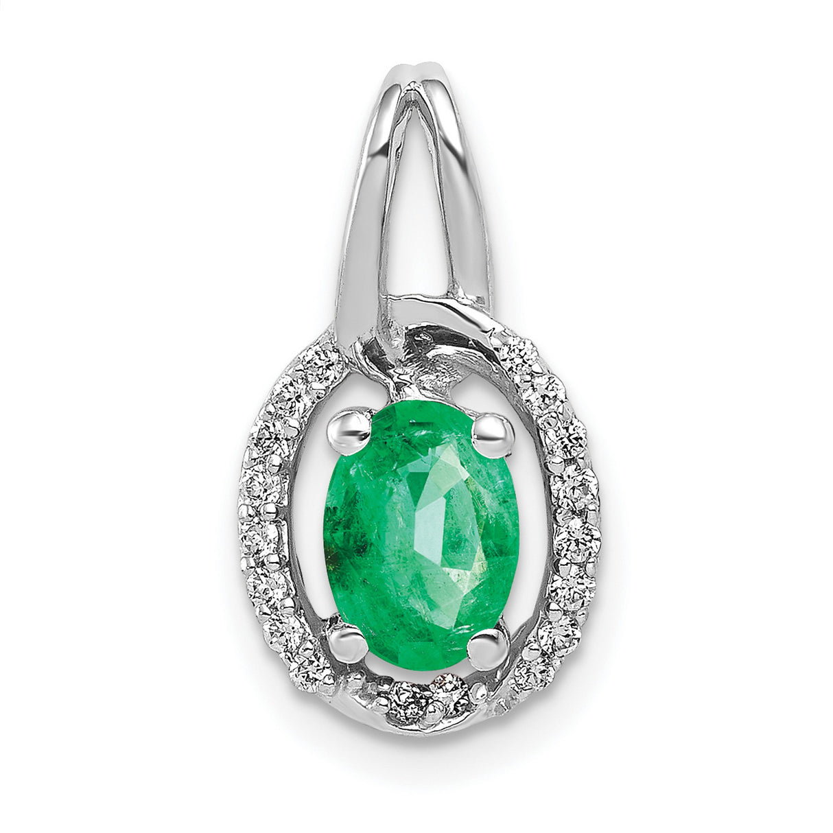 Diamond and Oval Emerald Charm Pendant in Real 14k White Gold
