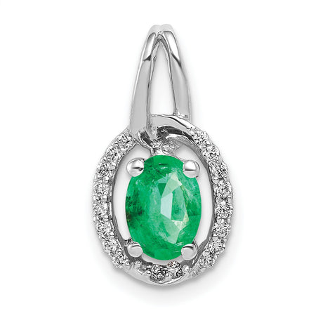 Diamond and Oval Emerald Charm Pendant in Real 14k White Gold