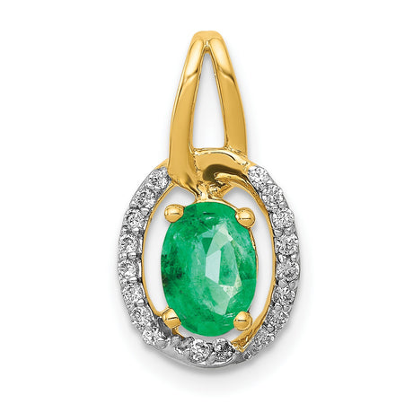 Diamond and Oval Emerald Charm Pendant in Real 14k Yellow Gold