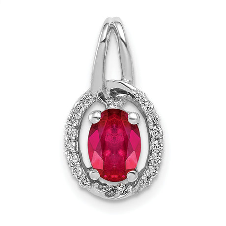 Diamond and .86 Ruby Oval Halo Charm Pendant in Real 14k White Gold