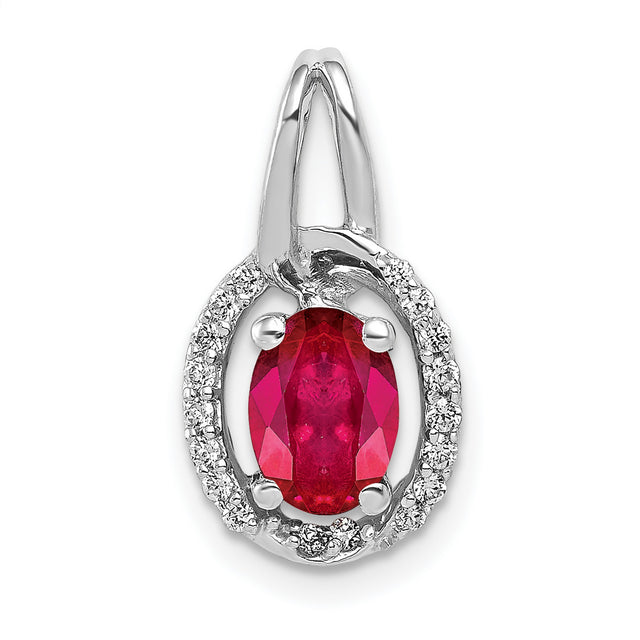 Diamond and .86 Ruby Oval Halo Charm Pendant in Real 14k White Gold
