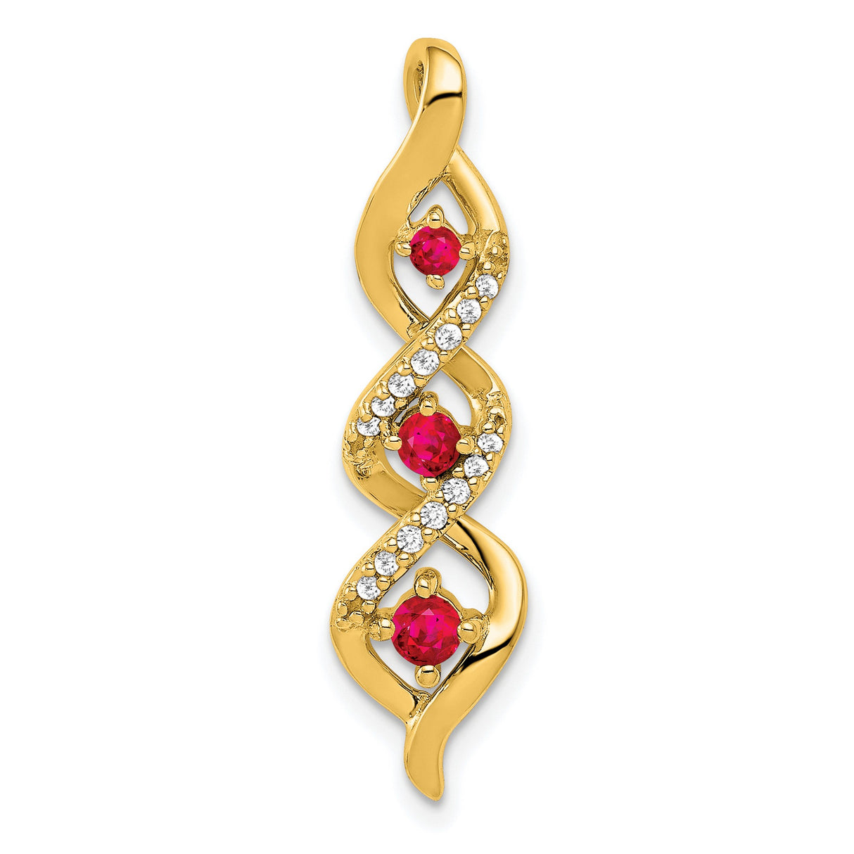 14k Yellow Gold Infinity Twist Pendant with Ruby Gemstones and White Accents