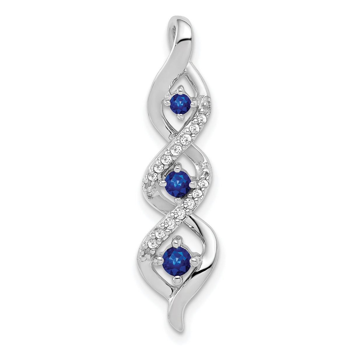 10k White Gold Pendant with Three Round Blue Sapphires, Accent Diamonds, Twisted Swirl Design