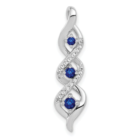 10k White Gold Pendant with Three Round Blue Sapphires, Accent Diamonds, Twisted Swirl Design