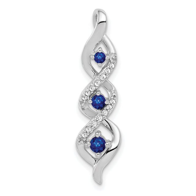 10k White Gold Pendant with Three Round Blue Sapphires, Accent Diamonds, Twisted Swirl Design