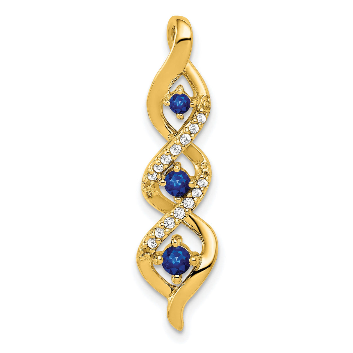 14k Yellow Gold Pendant with Three Round Blue Sapphires, Twisted Design, Chain Slide