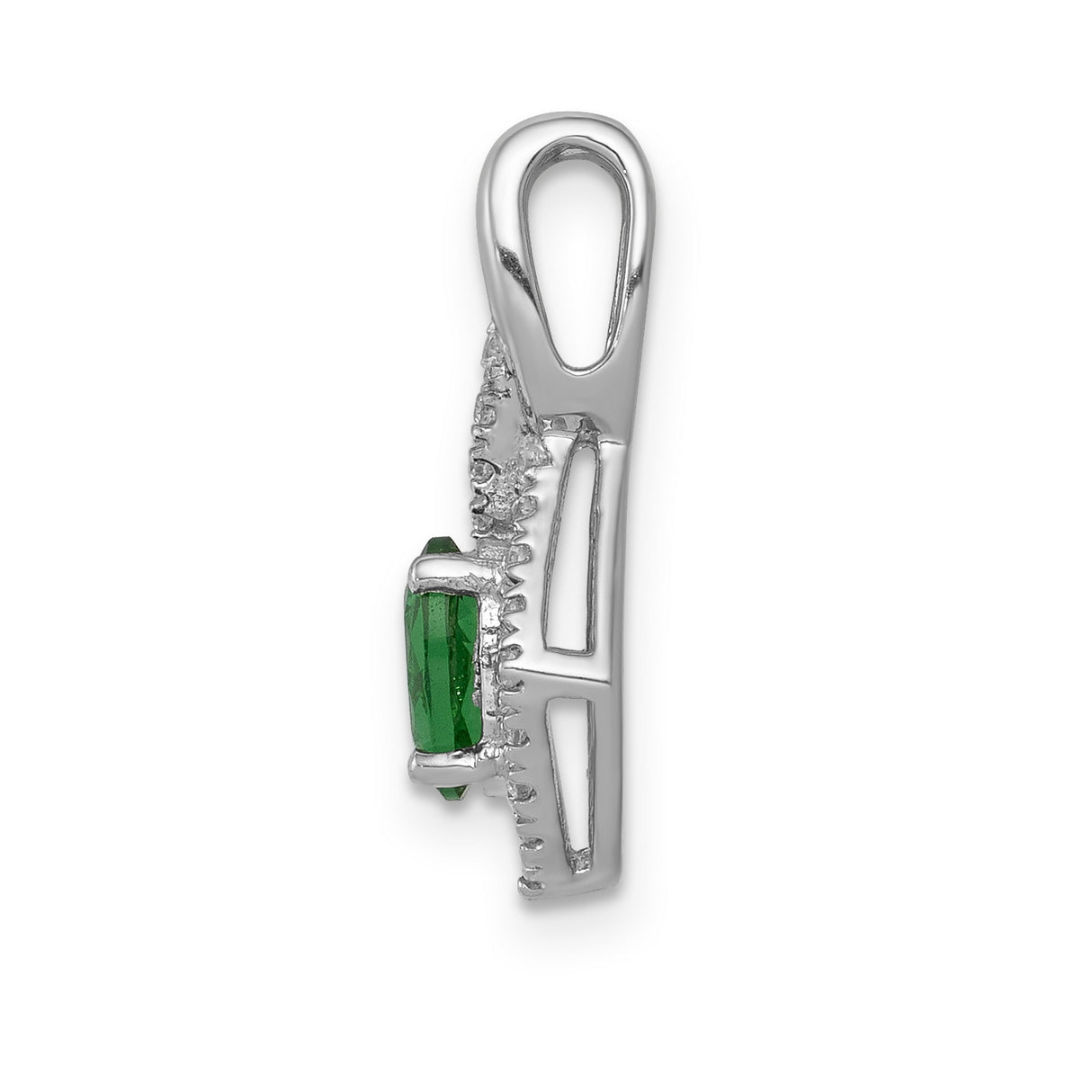 Fancy Diamond and Oval Emerald Charm Pendant in Real 14k White Gold