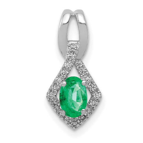 Fancy Diamond and Oval Emerald Charm Pendant in Real 14k White Gold