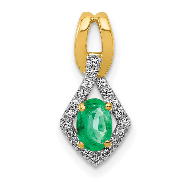Fancy Diamond and Oval Emerald Charm Pendant in Real 14k Yellow Gold