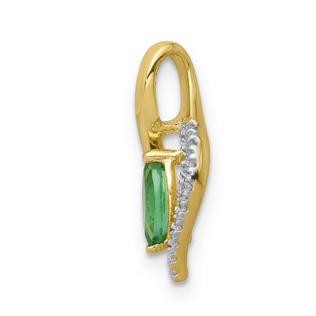 Diamond and Marquise Emerald Charm Pendant in Real 14k Yellow Gold