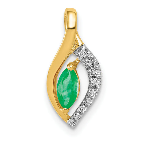 Diamond and Marquise Emerald Charm Pendant in Real 14k Yellow Gold