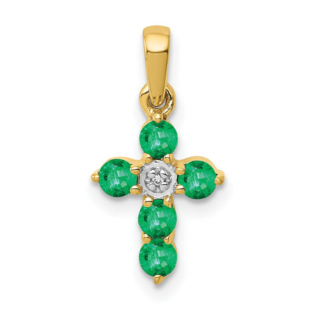 10k Yellow Gold Cross Pendant with Emerald and Diamond, Religious Jewelry for Men and Women