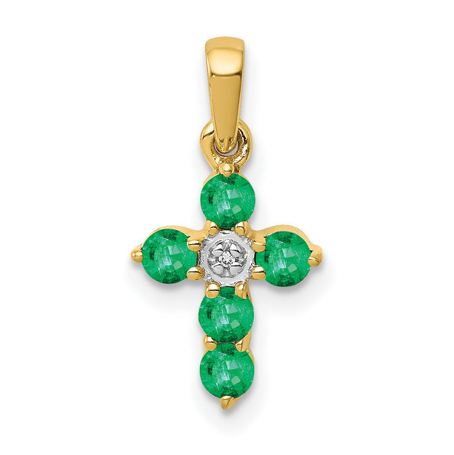 10k Yellow Gold Cross Pendant with Emerald and Diamond, Religious Jewelry for Men and Women