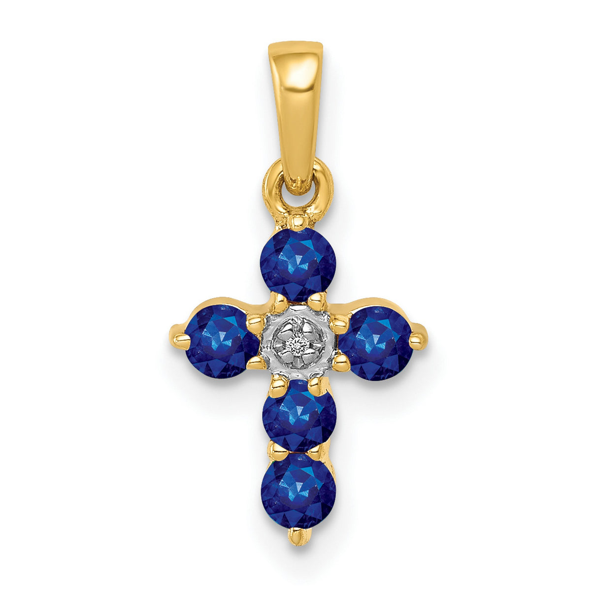 10k Yellow Gold Cross Pendant with Blue Sapphire and Diamond Accents, Polished Finish