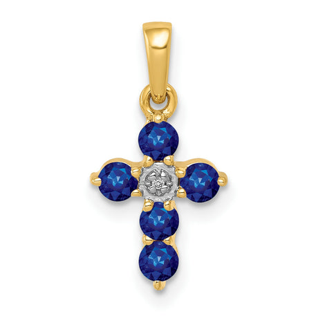10k Yellow Gold Cross Pendant with Blue Sapphire and Diamond Accents, Polished Finish