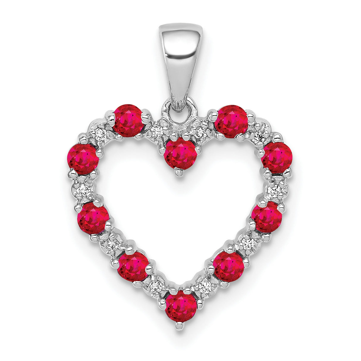10k White Gold Heart Pendant with Ruby and Diamond, Open Heart Design for Women