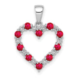 10k White Gold Heart Pendant with Ruby and Diamond, Open Heart Design for Women
