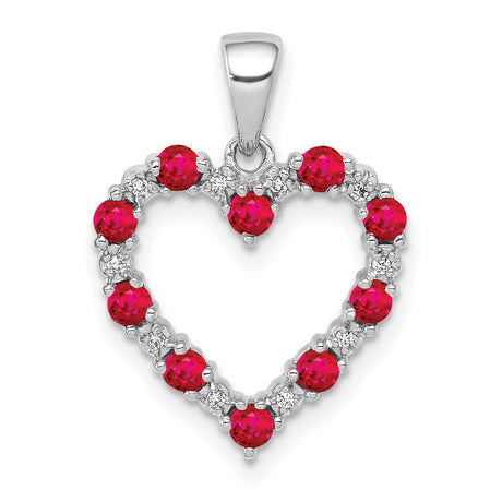10k White Gold Heart Pendant with Ruby and Diamond, Open Heart Design for Women