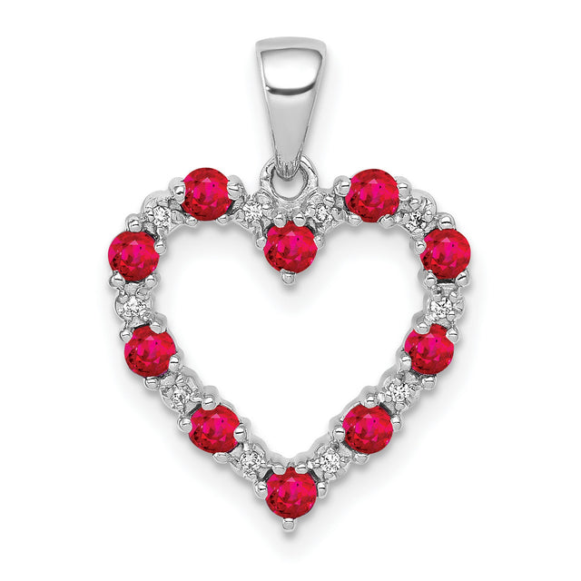 10k White Gold Heart Pendant with Ruby and Diamond, Open Heart Design for Women
