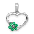 10k White Gold Heart Pendant with Emerald and Diamond, Floral Design Symbolizing Love and Beauty