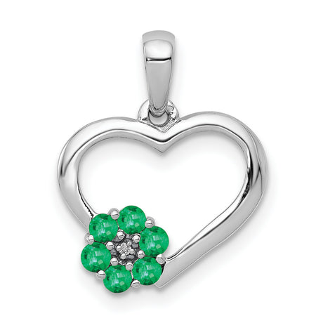 10k White Gold Heart Pendant with Emerald and Diamond, Floral Design Symbolizing Love and Beauty