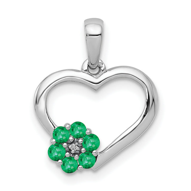 10k White Gold Heart Pendant with Emerald and Diamond, Floral Design Symbolizing Love and Beauty
