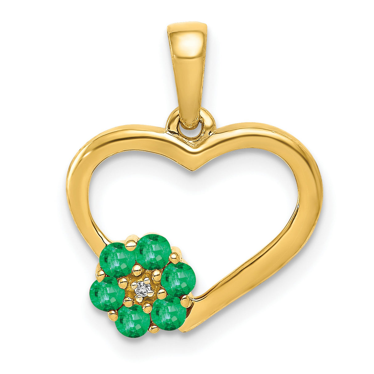 10k Yellow Gold Heart Pendant with Emerald and Diamond Accents, Floral Design for Women