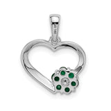 14k White Gold Heart Pendant with Green Emerald Flower and Diamond Center