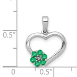 14k White Gold Heart Pendant with Green Emerald Flower and Diamond Center