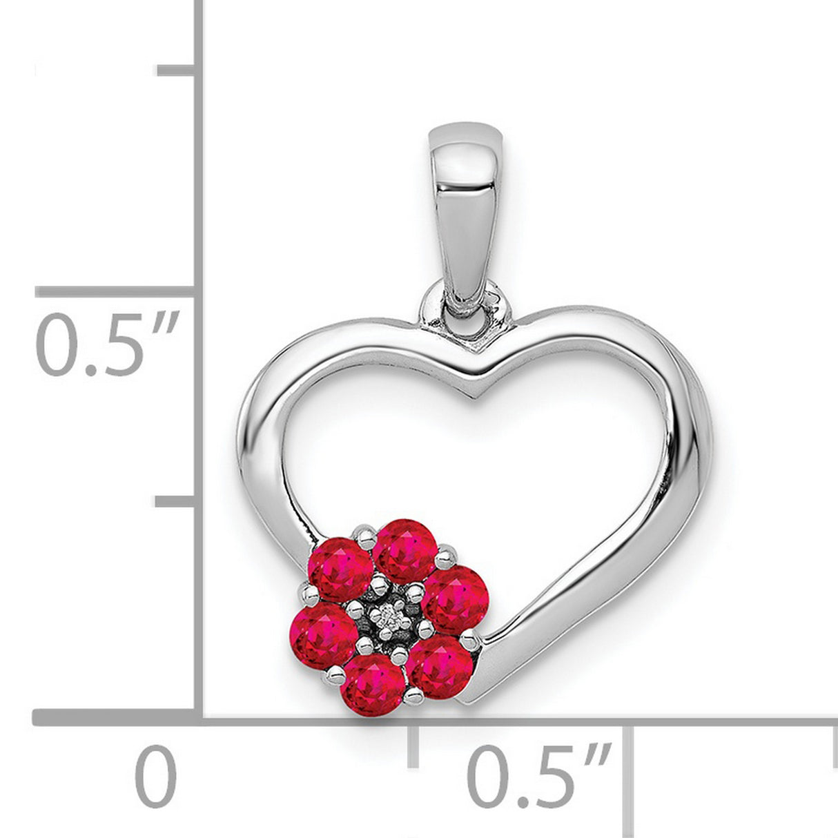 Diamond and Ruby Heart with Flower Charm Pendant in Real 10k White Gold