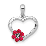 Diamond and Ruby Heart with Flower Charm Pendant in Real 10k White Gold