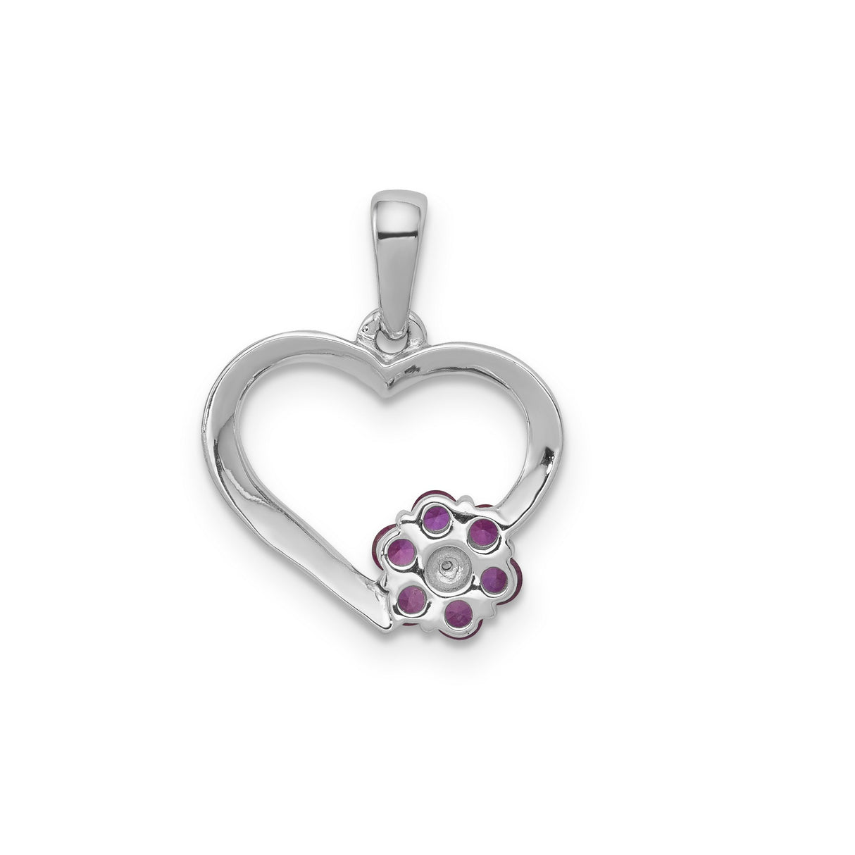 14k White Gold Heart Pendant with Ruby Flower and Diamond Accent for Women
