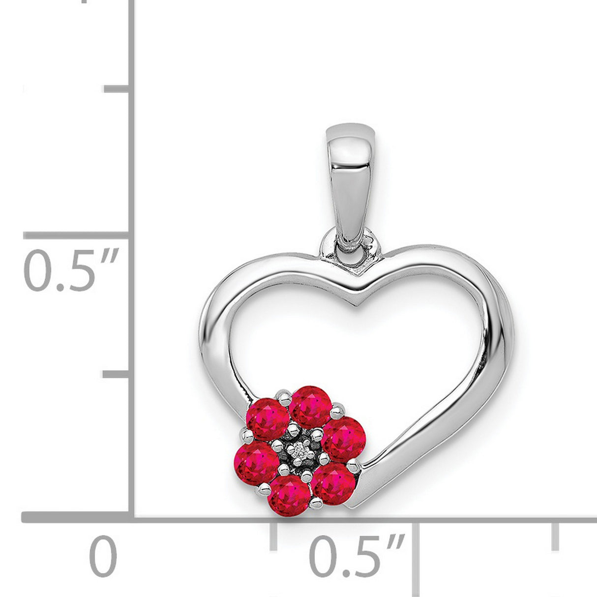 14k White Gold Heart Pendant with Ruby Flower and Diamond Accent for Women