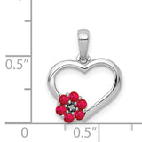 14k White Gold Heart Pendant with Ruby Flower and Diamond Accent for Women