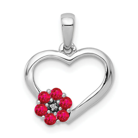 14k White Gold Heart Pendant with Ruby Flower and Diamond Accent for Women